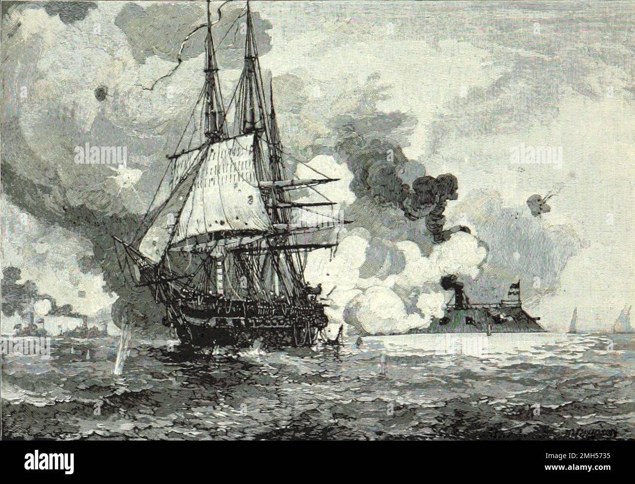 The Battle of Hampton Roads ( also Battle of the Monitor and Virginia or the Battle of Ironclads) was a battle in the American Civil War fought on 8-9th March 1862 in the Hampton Roads sea lanes. It was the first naval battle between modern metal ships instead of wooden sailing ships. The vulnerability of wooden ships was obvious to all and the battle marks the start of the dreadnought age.  This image depicts the CSS Virginia (rechristened USS Merrimac) attacking the USS Congress. Stock Photo