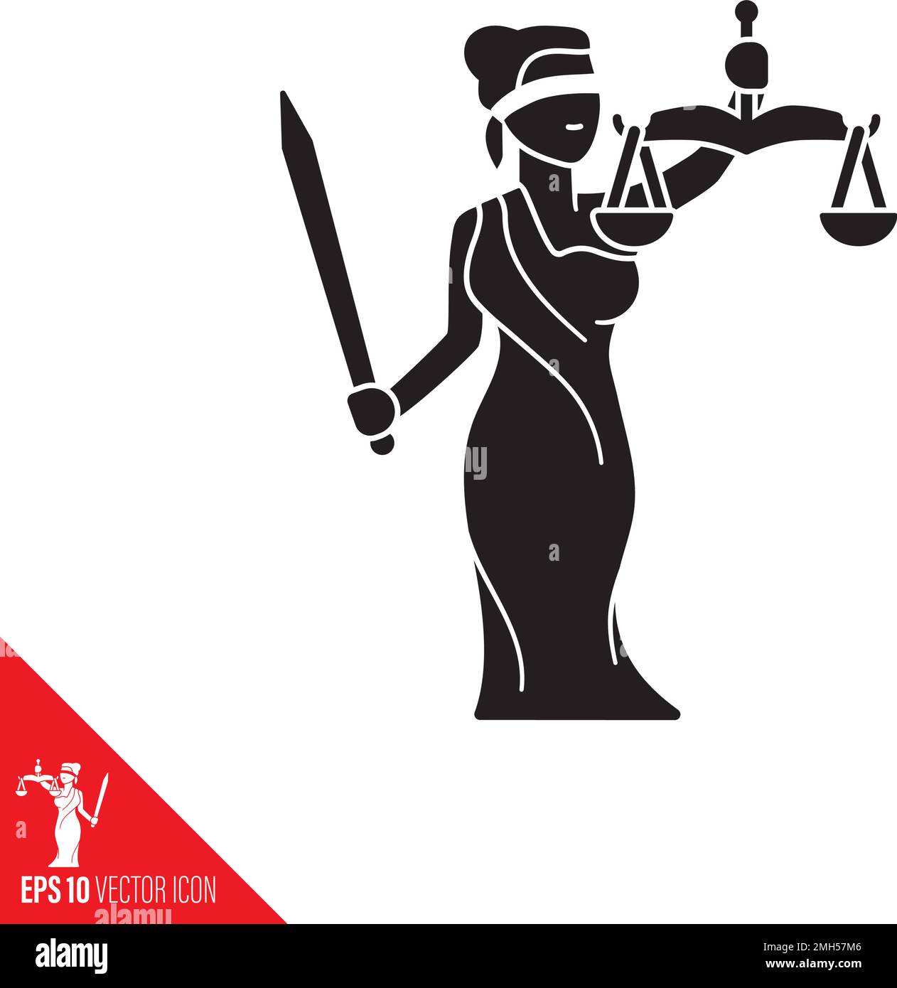 Lady Justice or Themis Femida, blindfolded with beam balance and sword, cartoon character vector glyph icon. Legal services and law symbol. Stock Vector