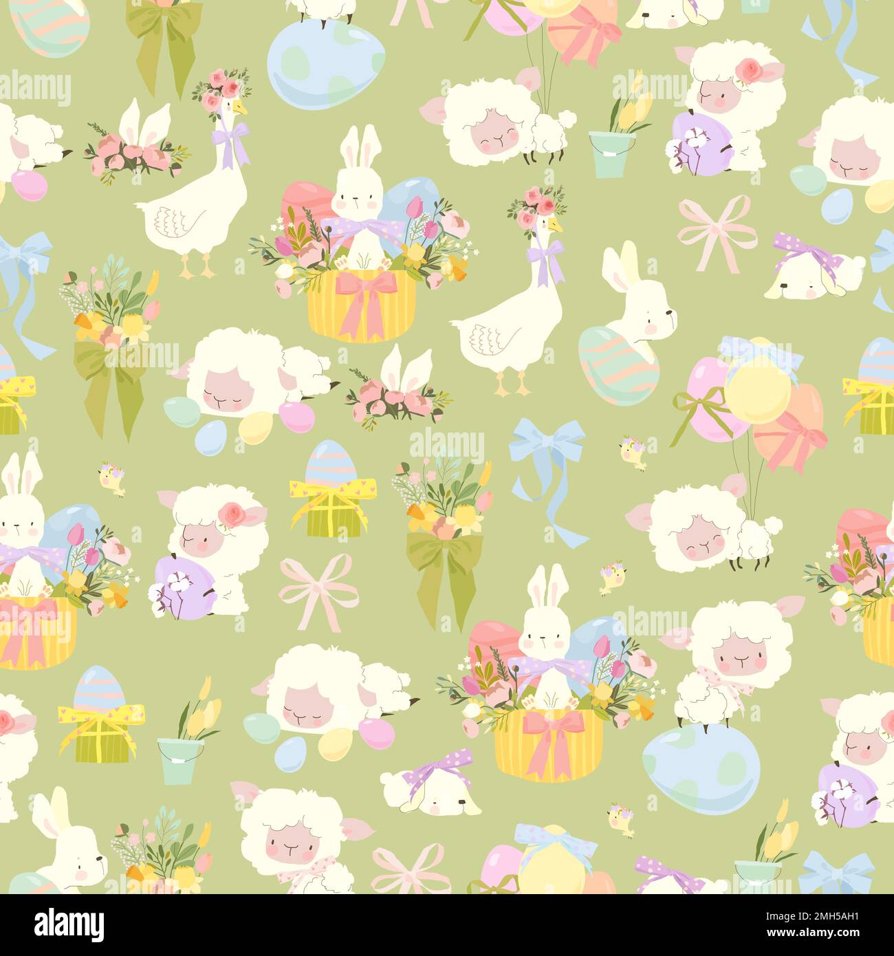 Seamless Pattern with Cute White Bunnies, Gooses, Sheeps and Easter Eggs Stock Vector