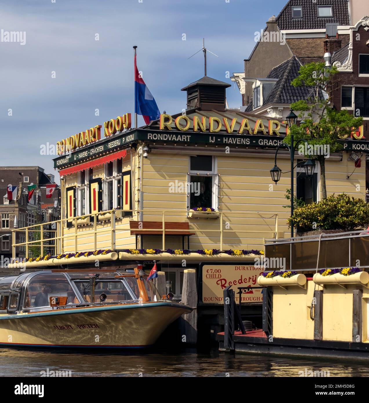 AMSTERDAM, NETHERLANDS - MAY 01, 2018:  Canal cruise round trip (Rondvaart Koou) station at Oude Turfmarkt Stock Photo