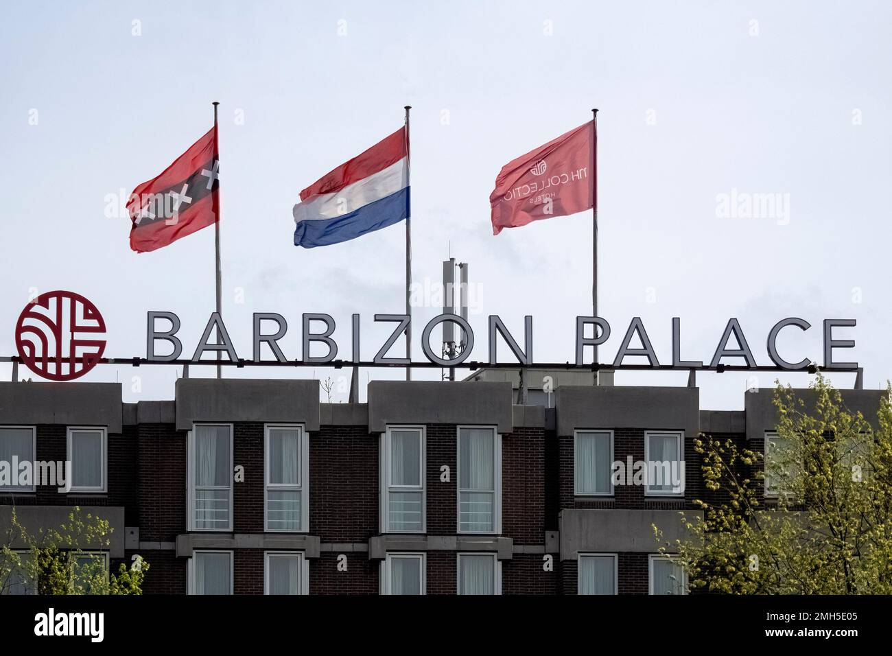 AMSTERDAM, NETHERLANDS - MAY 01, 2018:  Sign above NH Collection Barbizon Palace Hotel on Prins Hendrikkade Stock Photo