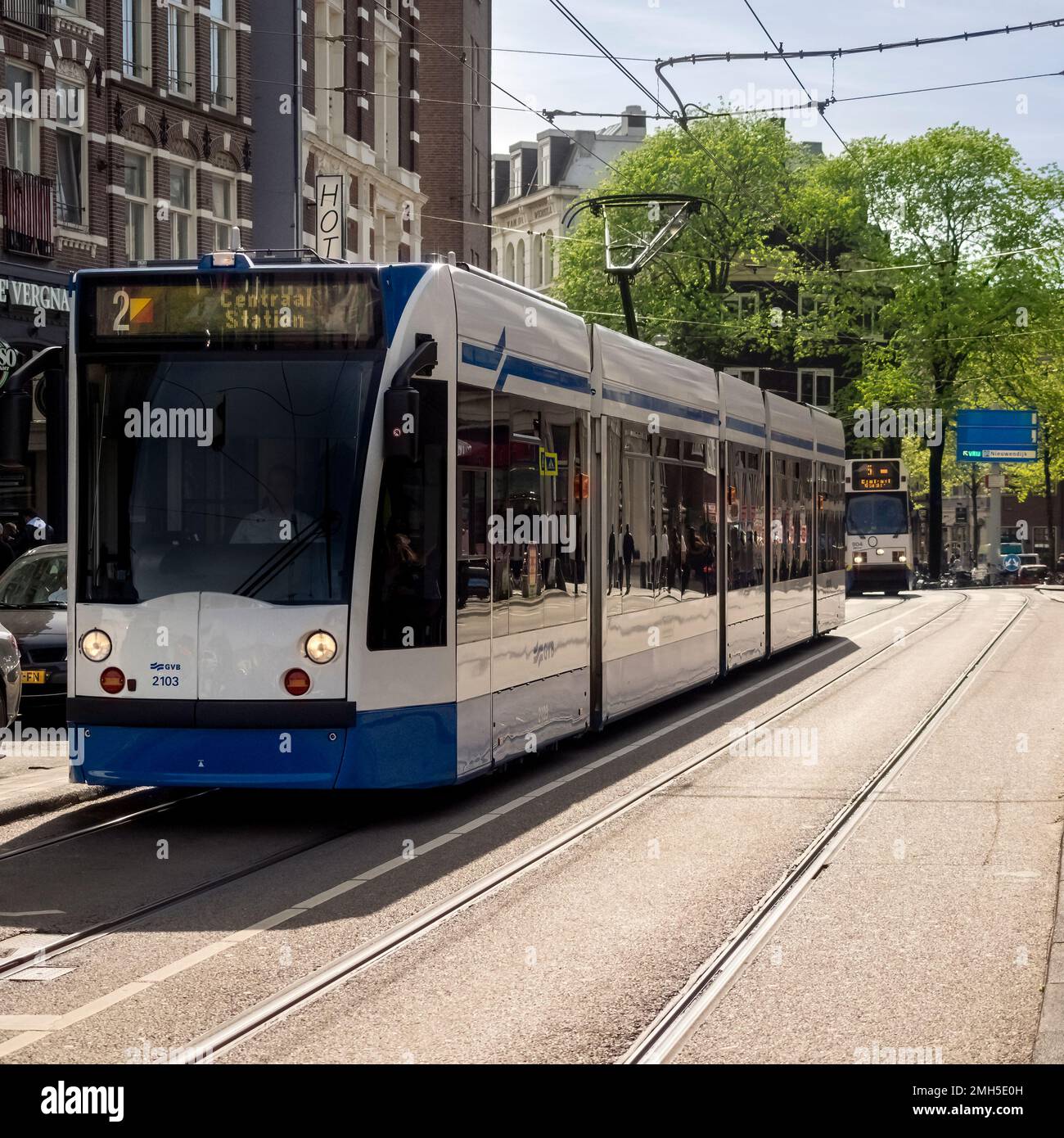 OAMSTERDAM, NETHERLANDS - MAY 01, 2018:  GVB tram on route 2 in the City Centre Stock Photo