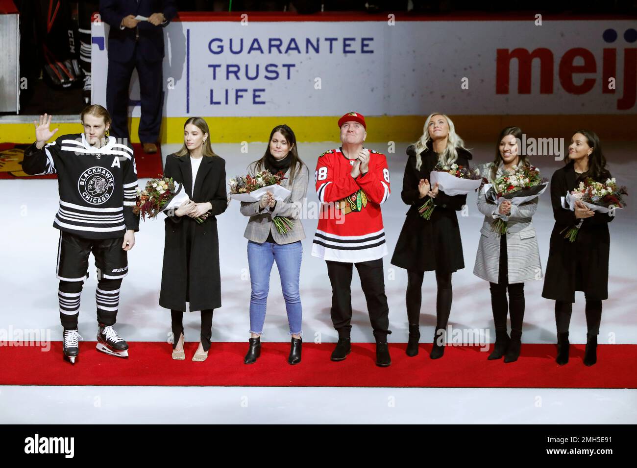 Chicago Blackhawks' Patrick Kane, left, stands with his