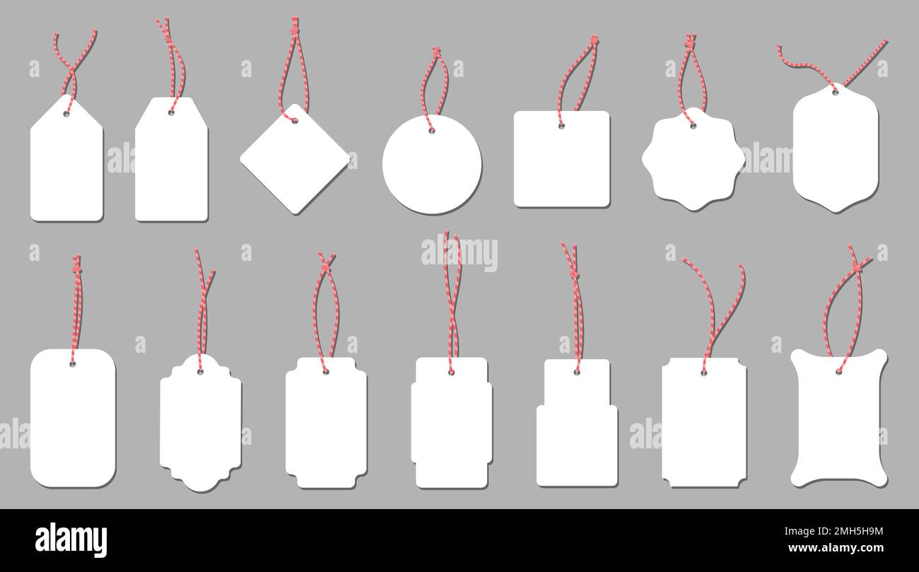 Set of blank white cardboard price tags with red string in different