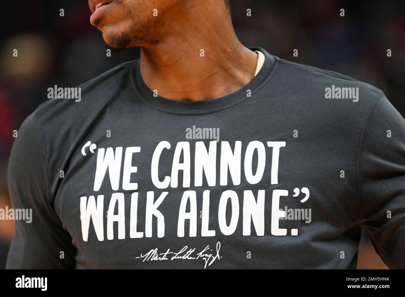 Atlanta Hawks guard Jeff Teague wears a warm up shirt with a quote by  Martin Luther King, Jr., before an NBA basketball game against the Toronto  Raptors, Monday, Jan. 20, 2020, in