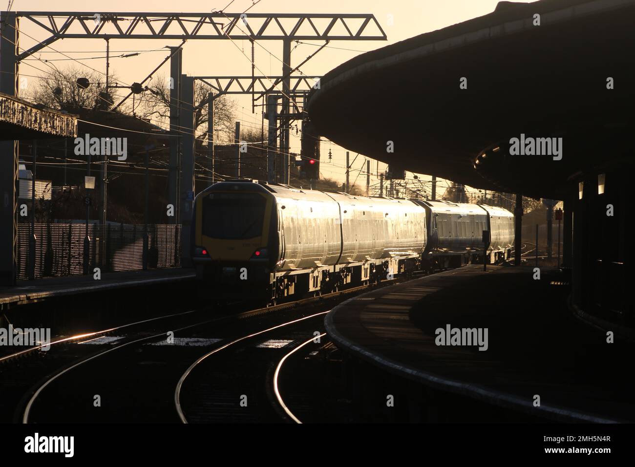 Northern trains class 195 Civity diesel multiple-units leaving Carnforth station, 25th January 2023, two units working in multiple. Stock Photo