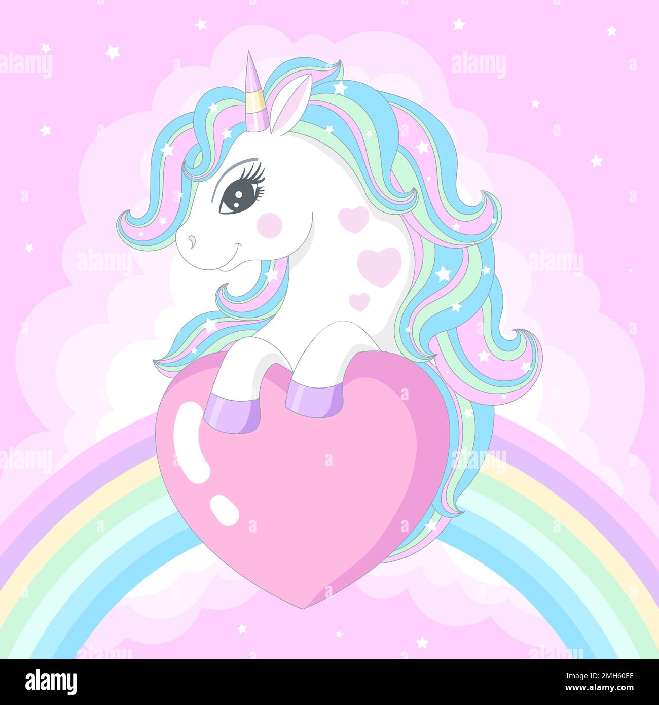 A beautiful white unicorn is holding a heart. Vector illustration Stock
