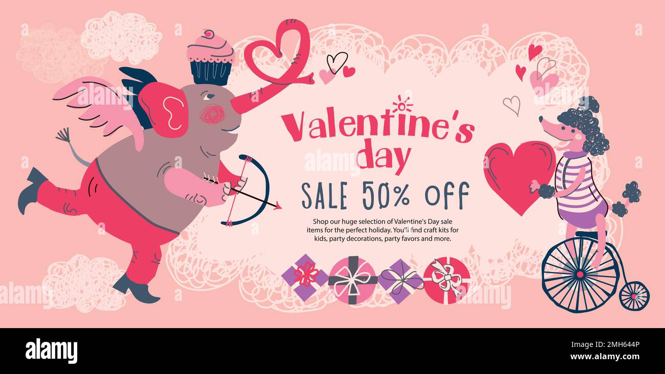 Lovely happy valentines day pink background with funny animal greeting ...