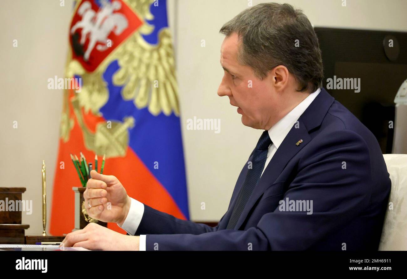 Moscow, Russia. 24 January, 2023. Belgorod region governor Vyacheslav Gladkov, during a face-to-face meeting with Russian President Vladimir Putin at the official residence of Novo-Ogaryovo, January 24, 2023 in Moscow Oblast, Russia. Credit: Mikhail Klimentyev/Kremlin Pool/Alamy Live News Stock Photo