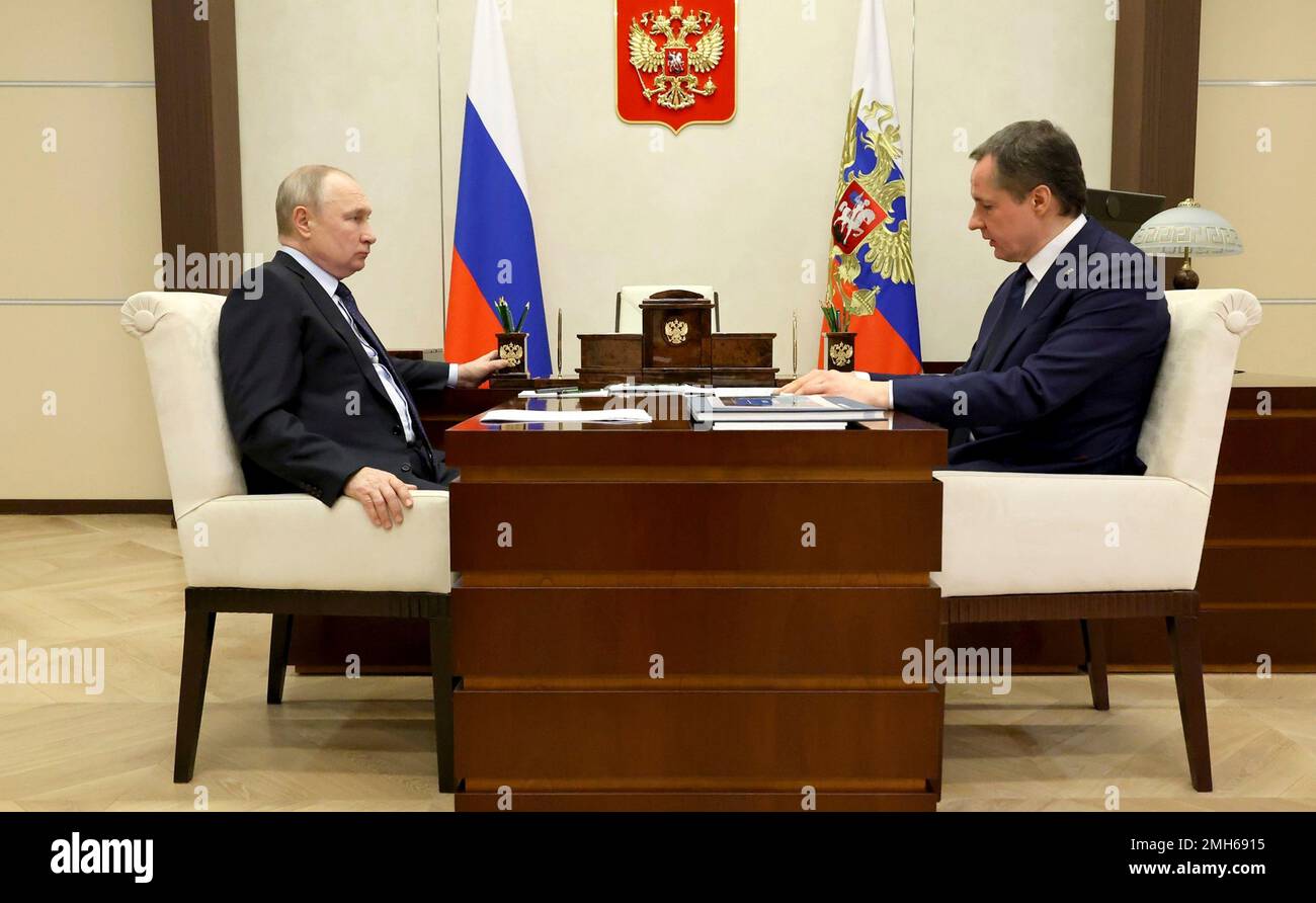 Moscow, Russia. 24 January, 2023. Russian President Vladimir Putin holds a face-to-face meeting with Belgorod region governor Vyacheslav Gladkov, right, at the official residence of Novo-Ogaryovo, January 24, 2023 in Moscow Oblast, Russia. Credit: Mikhail Klimentyev/Kremlin Pool/Alamy Live News Stock Photo