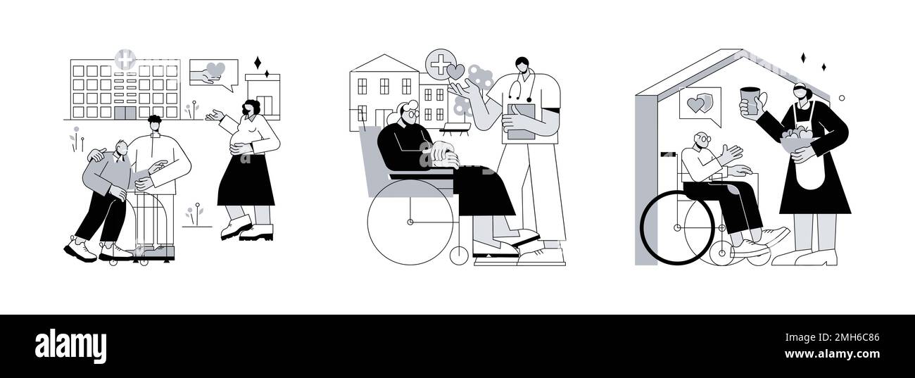 Social services work abstract concept vector illustration set. Social facilities, care for the