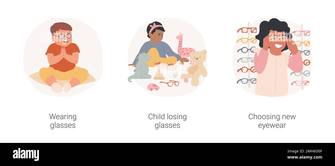 Childhood myopia isolated cartoon vector illustration set. Cute toddler