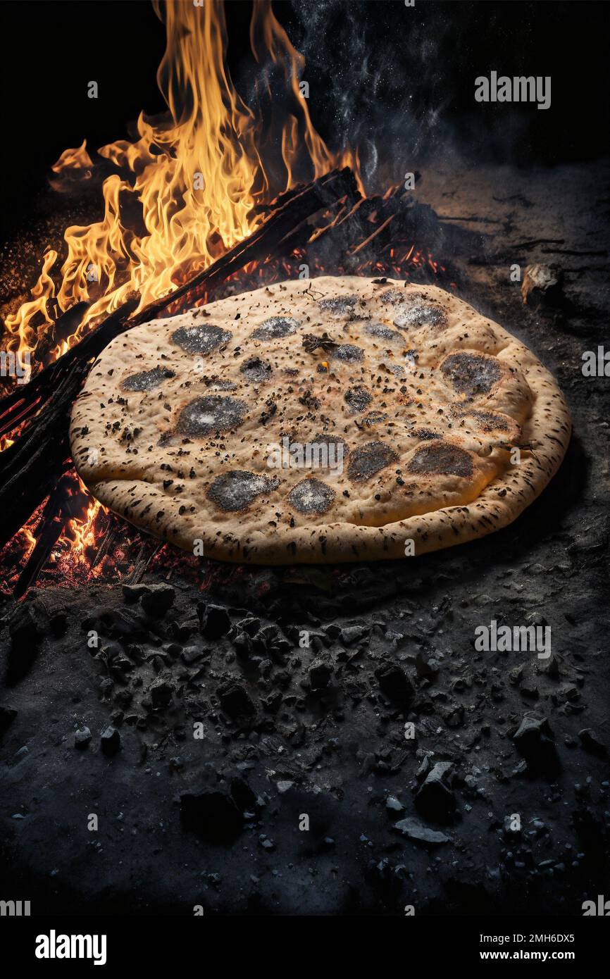 Ashes Bread in an Arabic campfire. Stock Photo