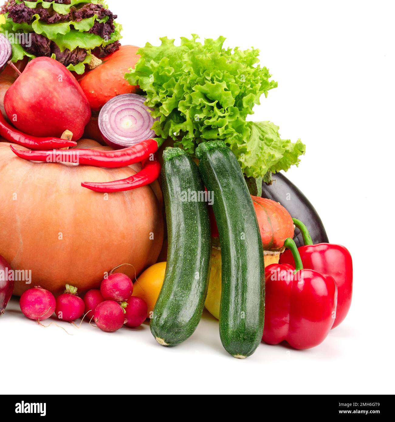 fresh fruits and vegetables isolated on white background Stock Photo