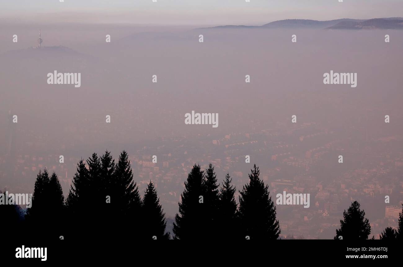 The Bosnian capital of Sarajevo is covered by layers of fog, Wednesday