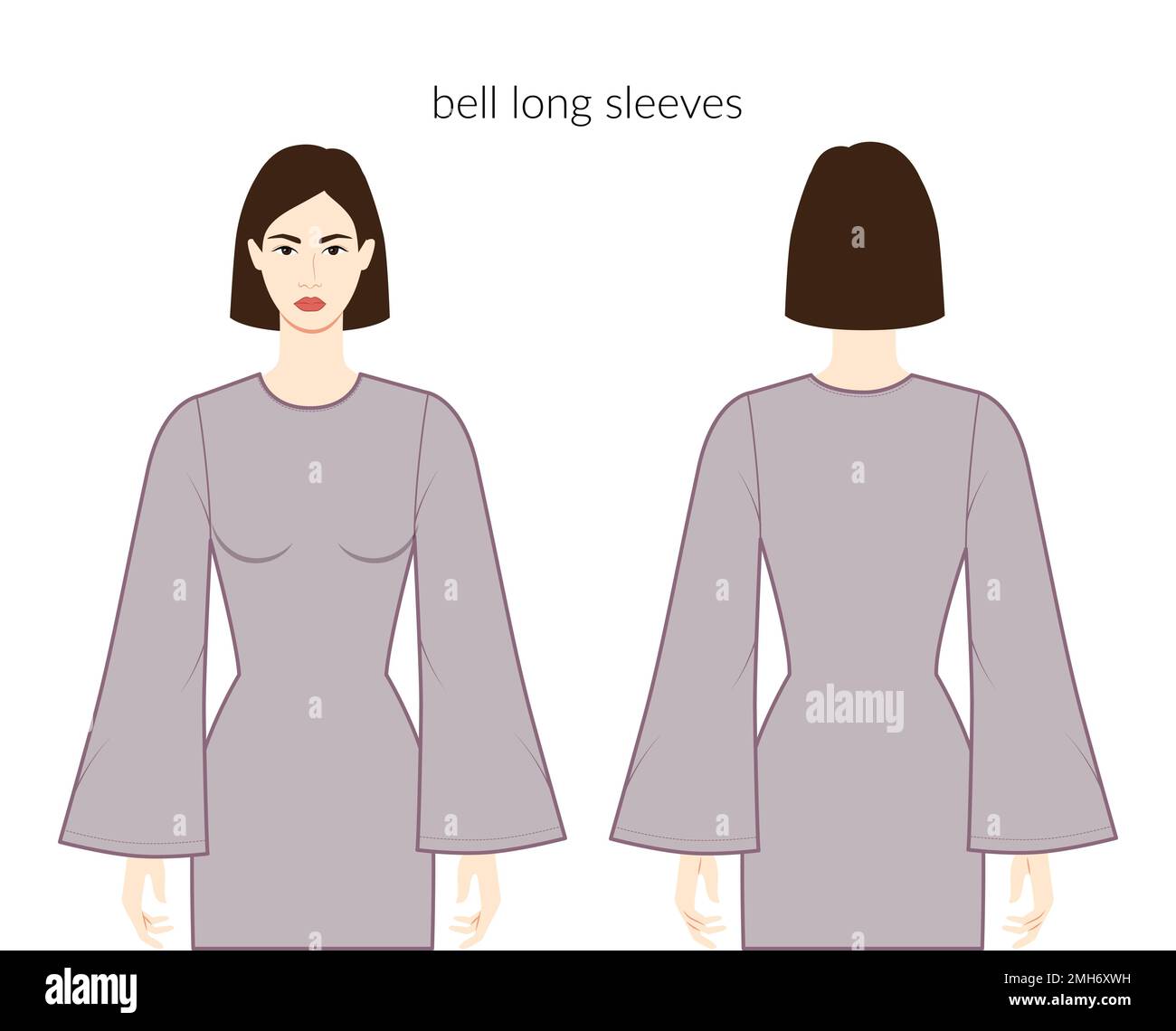 Bell sleeves cornet long length clothes lady in dresses, tops, shirts technical fashion illustration with fitted body. Flat apparel template front, back sides. Women, men unisex CAD mockup Stock Vector