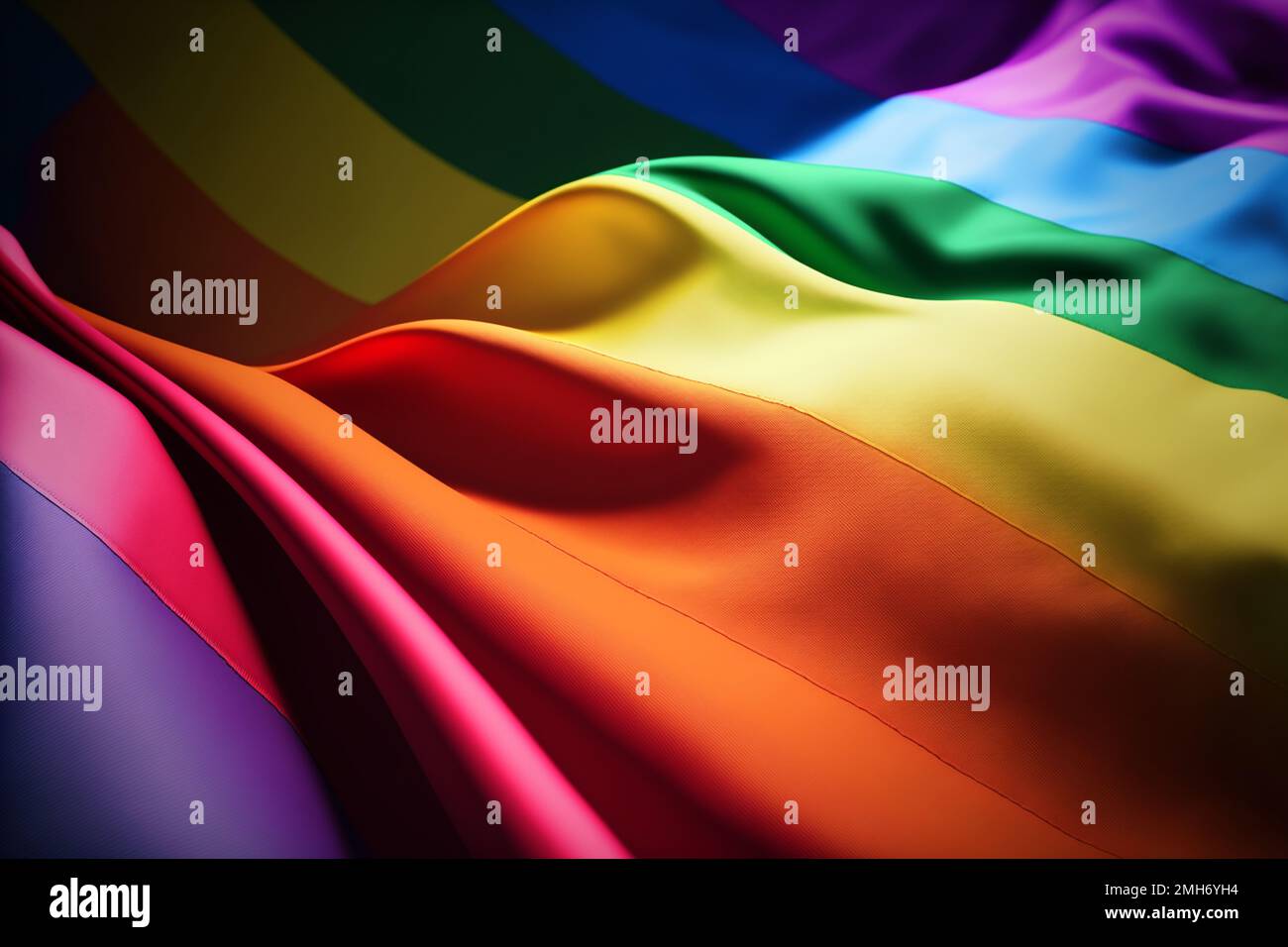 A colorful rainbow flag, with creased and folded fabric adding depth and movement. The flag represents the LGBTQ community and stands for diversity, acceptance, and equality Stock Photo
