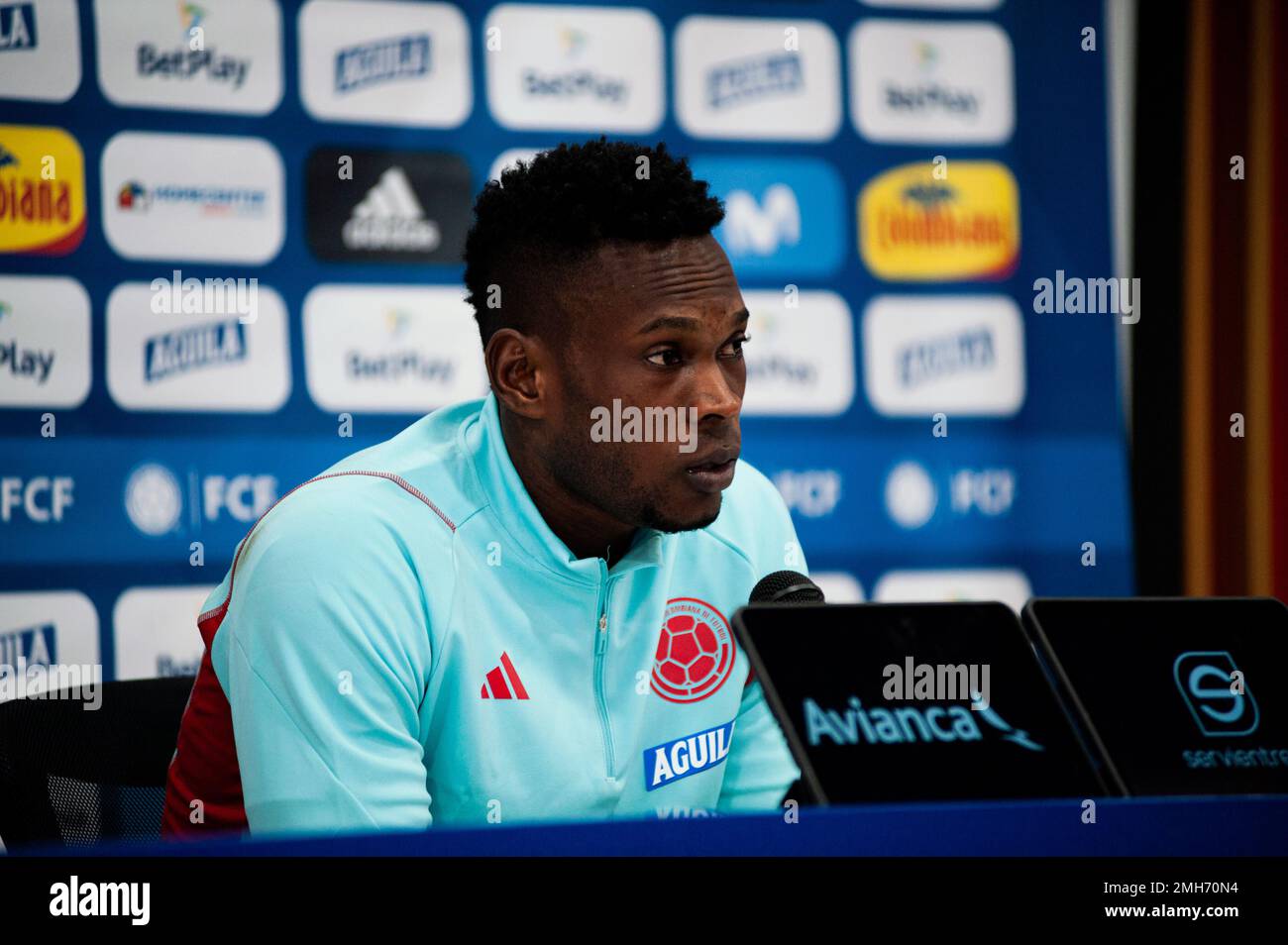 Diber Cambindo speaks during a press conference in Bogota, Colombia, on January 24, 2022. Days before a friendly match against USA in Carson, Californ Stock Photo