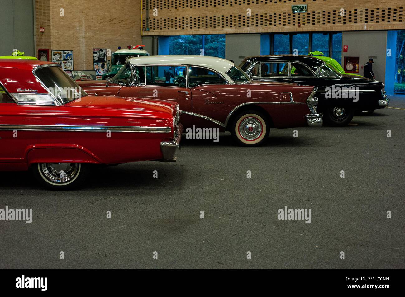 Classic cars are parked for viewers during the MCM Car Show in Bogota