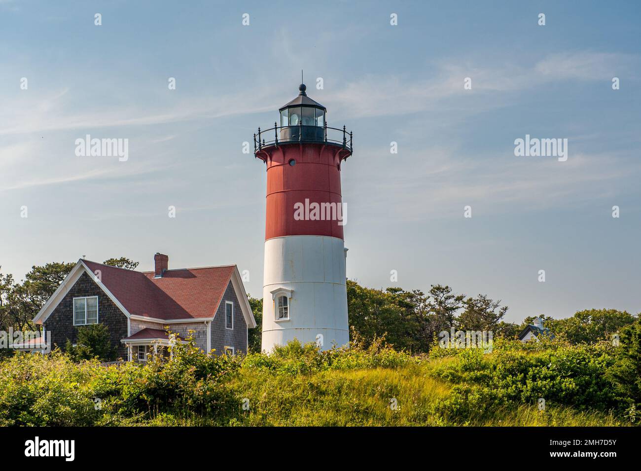 Nauset Lighthouse in Cape Cod was constructed in 1838. Cape Cod is a ...