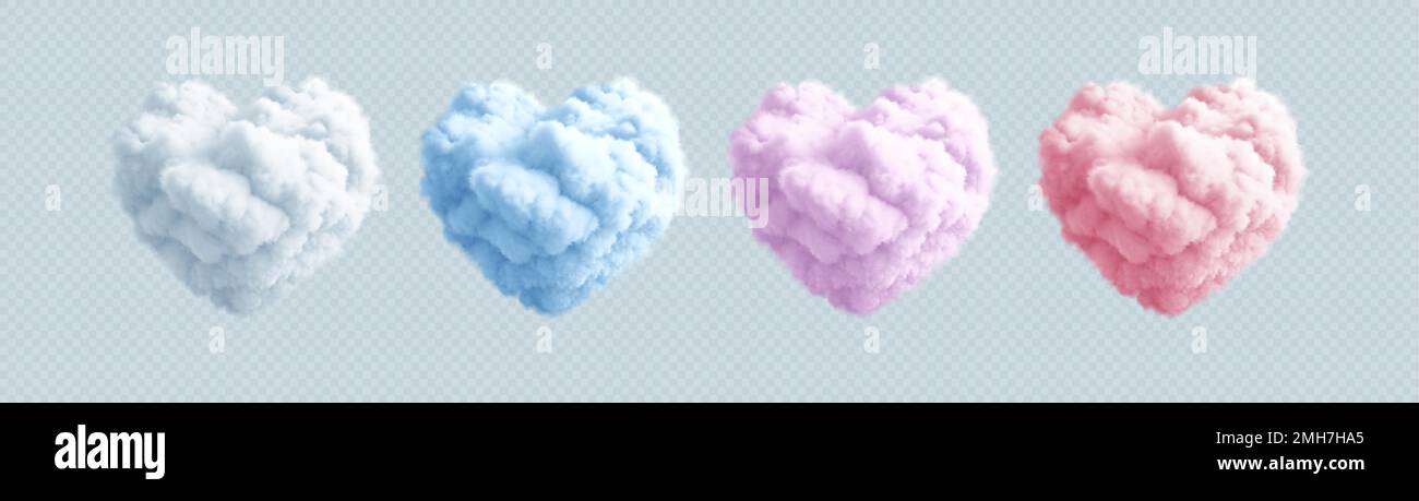 Set of Fluffy Heart Cloud. White, Blue, Pink and Purple Color. Concept Design for Valentines Day Postcard, Banner, Leaflets. Realistic 3d Render Stock Vector