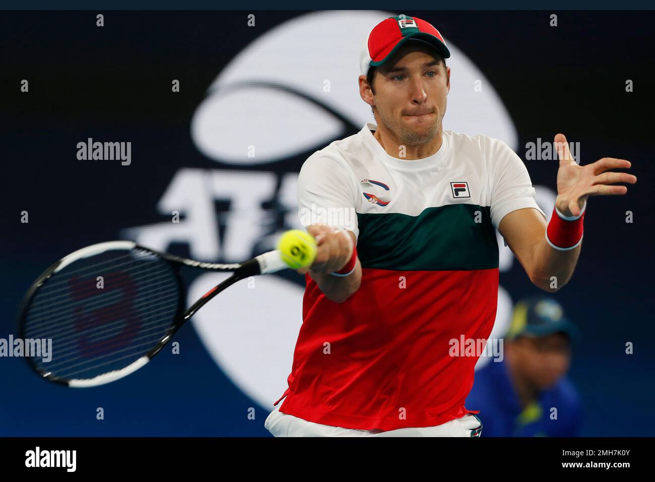 Dusan Lajovic of Serbia makes a forehand return to Karen Khachanov of  Russia during their ATP Cup semifinal tennis match in Sydney, Saturday,  Jan. 11, 2020. (AP Photo/Steve Christo Stock Photo - Alamy