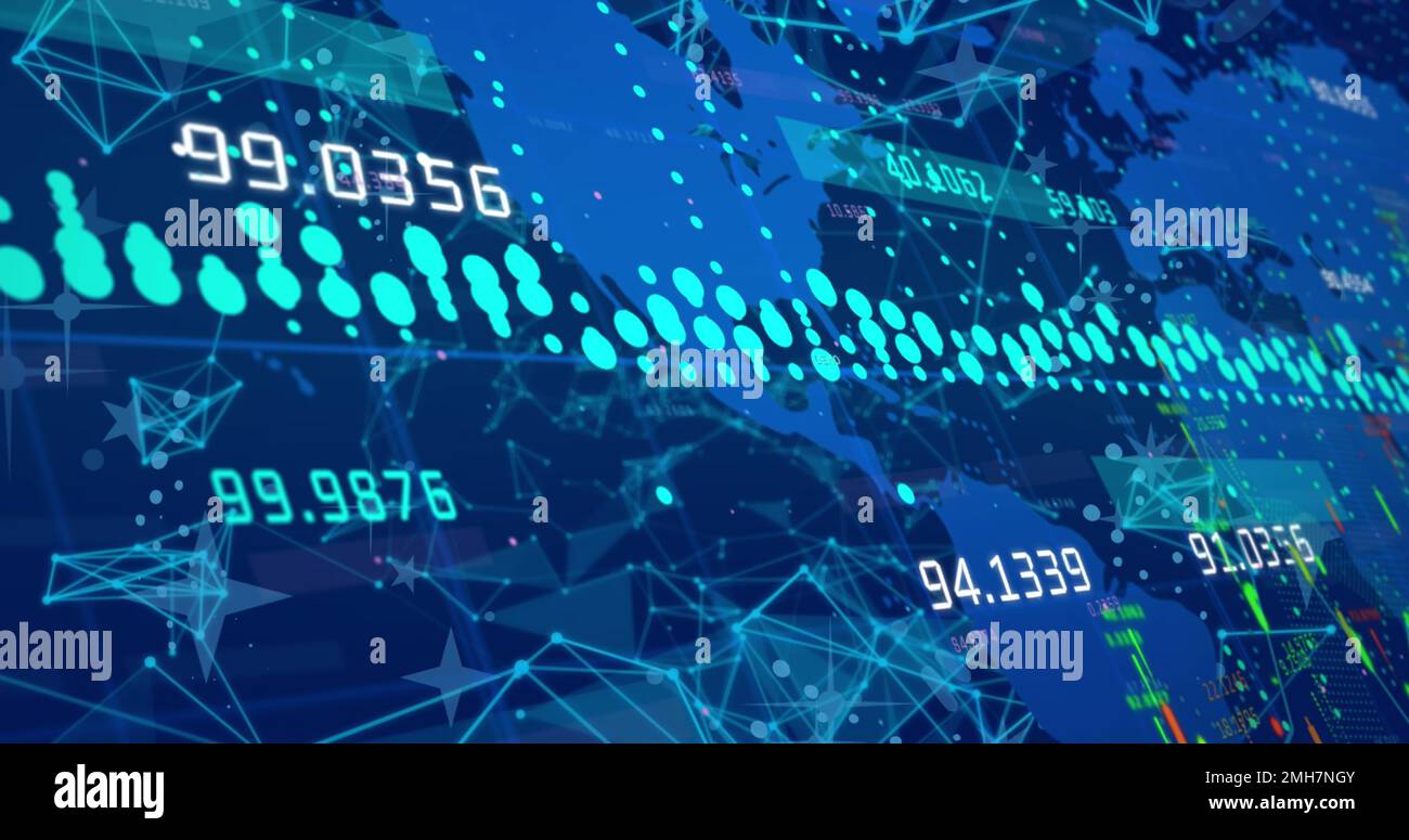 Composition of data processing over world map Stock Photo - Alamy