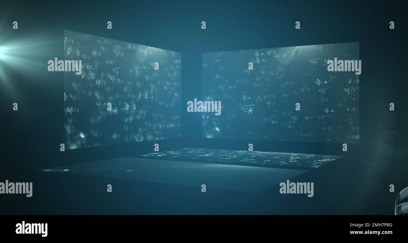Composition of data processing on screens on blue background Stock ...
