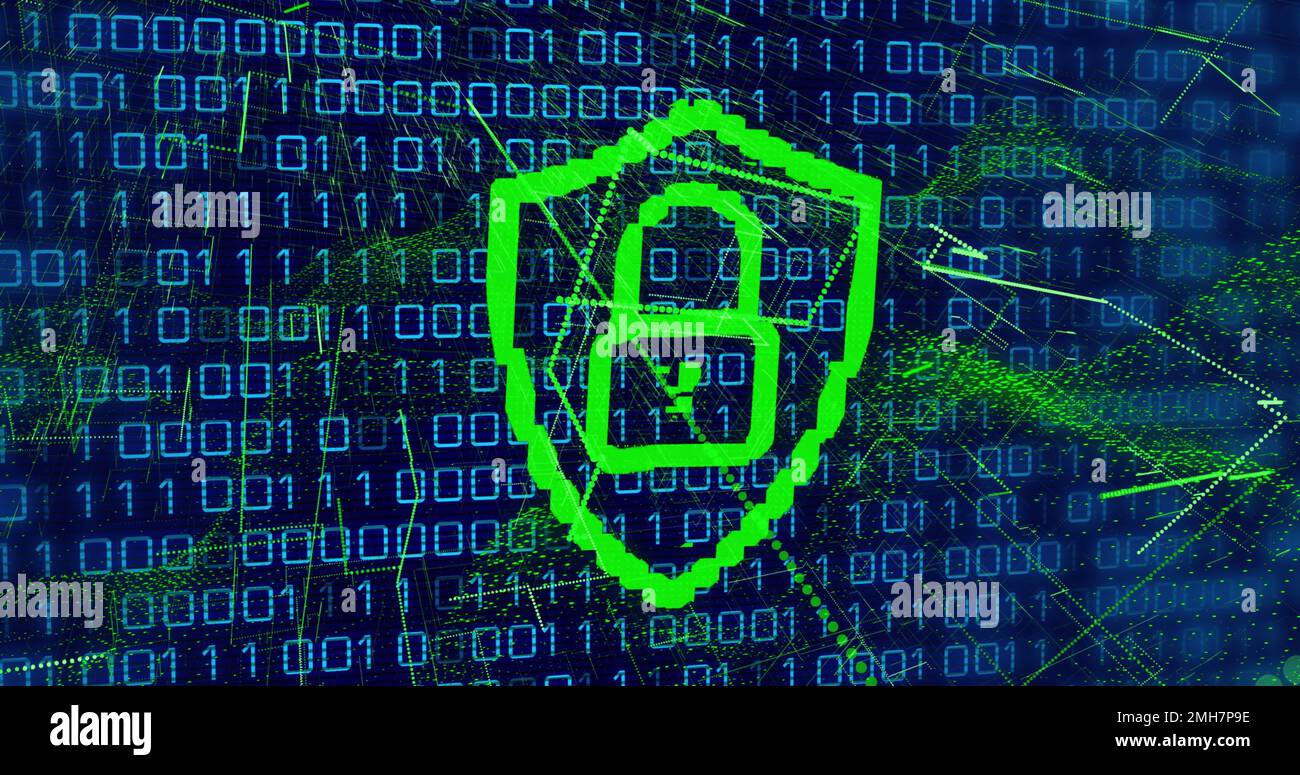 Composition of data processing over padlock icon on black background ...
