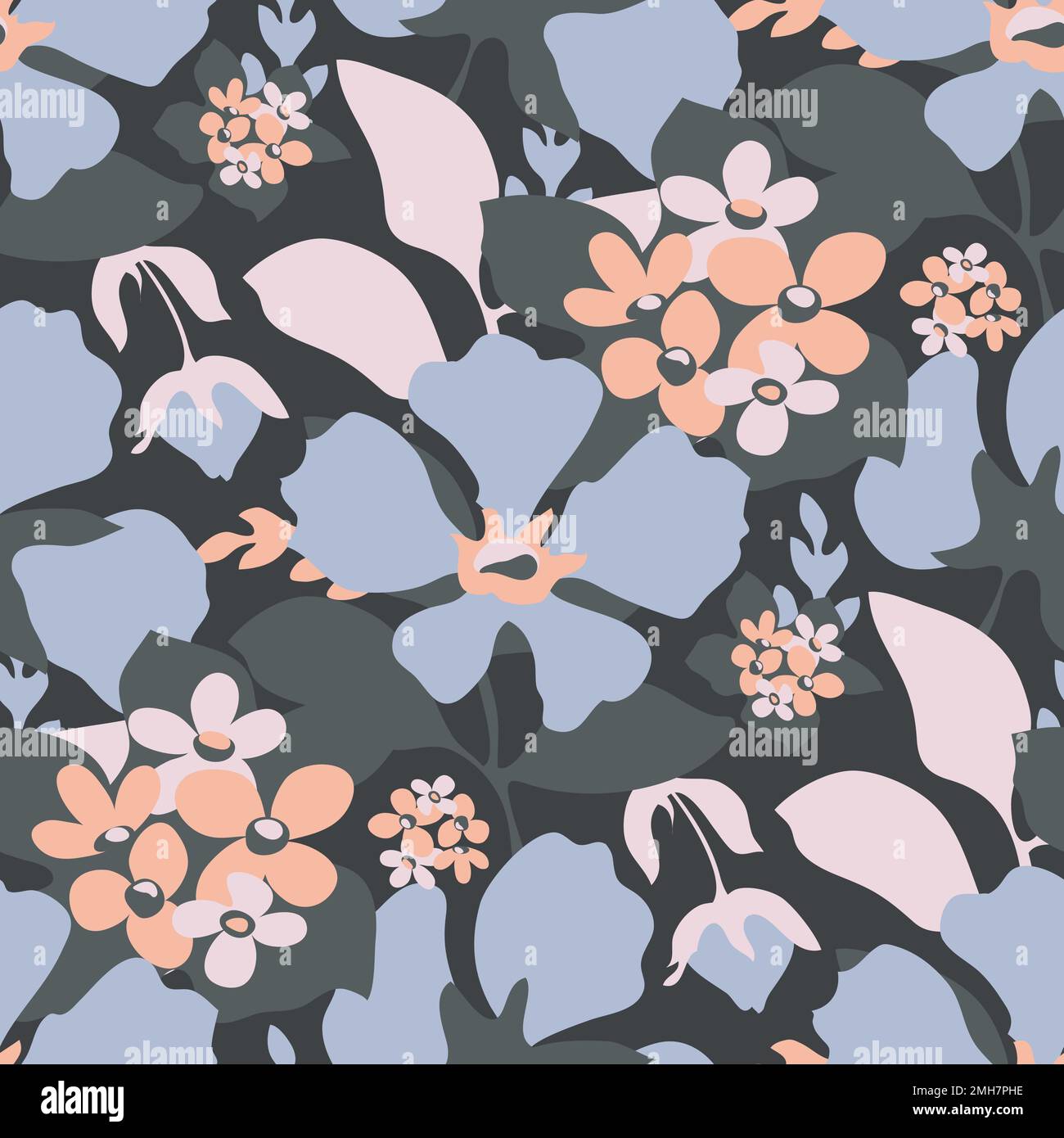 Vector floral seamless pattern. Blue, pink and beige flowers, blue leaves. Stock Vector