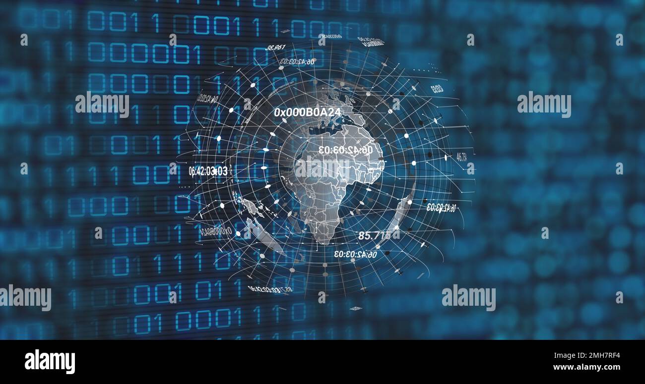 Image of globe and binary code on black background Stock Photo - Alamy