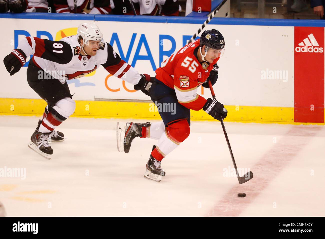 Arizona Coyotes' Phil Kessel (81) fights for control of the puck