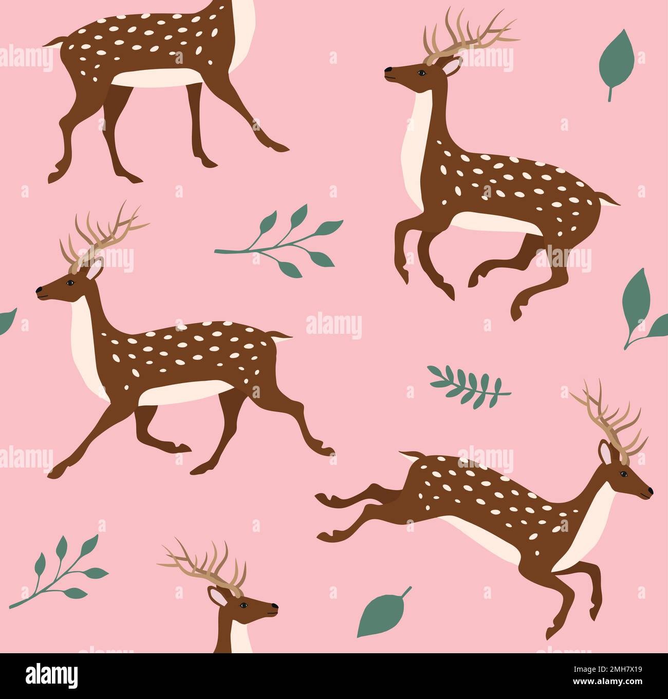 Vector seamless pattern of flat hand drawn deer and leaves isolated on ...