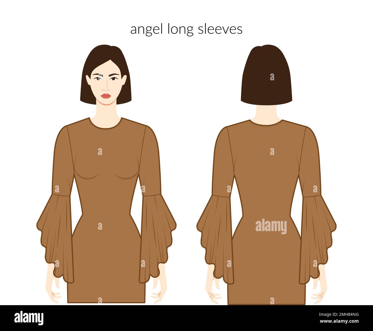 Angel sleeves Dalmation, flared long length clothes - ruffle dresses in women, tops, shirts technical fashion illustration, fitted. Flat apparel template front, back sides. Women men unisex CAD mockup Stock Vector