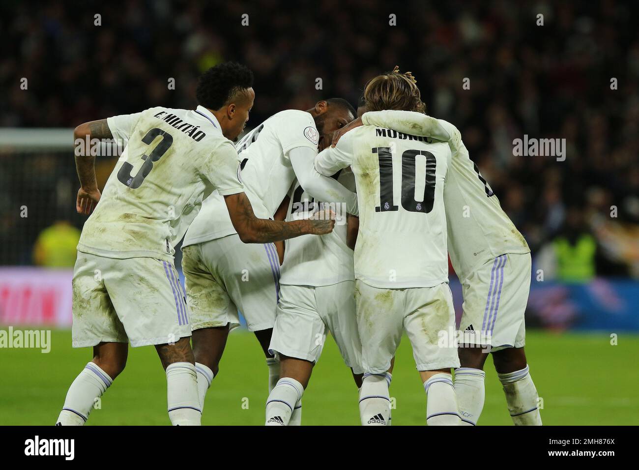 Madrid, Spain. 31st Oct, 2022. Real Madrid players celebrate during Copa del Rey Match Day 6 between Real Madrid and Atletico de Madrid at Santiago Bernabeu Stadium in Madrid, Spain, on January 27, 2023. (Photo by Edward F. Peters/Sipa USA) Credit: Sipa USA/Alamy Live News Stock Photo