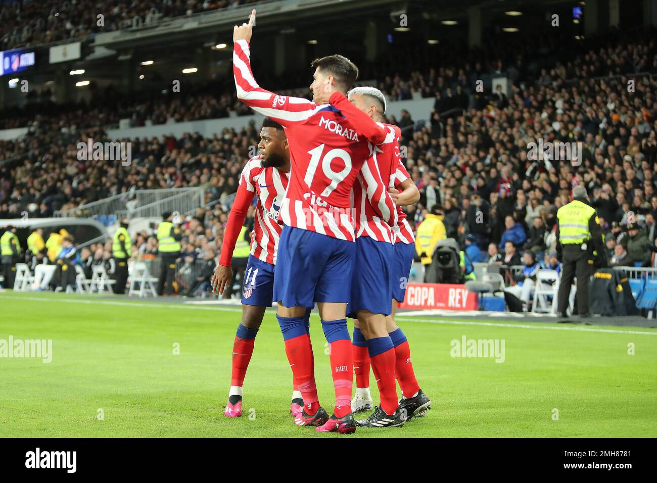Madrid, Spain. 28th Oct, 2022. Atletico´s Morata celebrates during Copa del Rey Match Day 6 between Real Madrid C.F. and Atletico de Madrid at Santiago Bernabeu Stadium in Madrid, Spain, on January 27, 2023 (Photo by Edward F. Peters/Sipa USA) Credit: Sipa USA/Alamy Live News Stock Photo