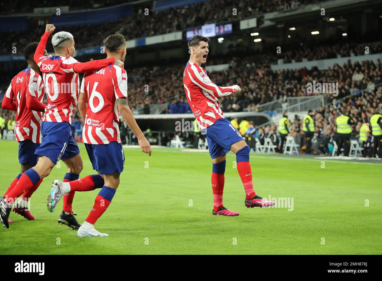 Madrid, Spain. 31st Oct, 2022. Atletico´s Morata celebrates during Copa del Rey Match Day 6 between Real Madrid and Atletico de Madrid at Santiago Bernabeu Stadium in Madrid, Spain, on January 27, 2023. (Photo by Edward F. Peters/Sipa USA) Credit: Sipa USA/Alamy Live News Stock Photo