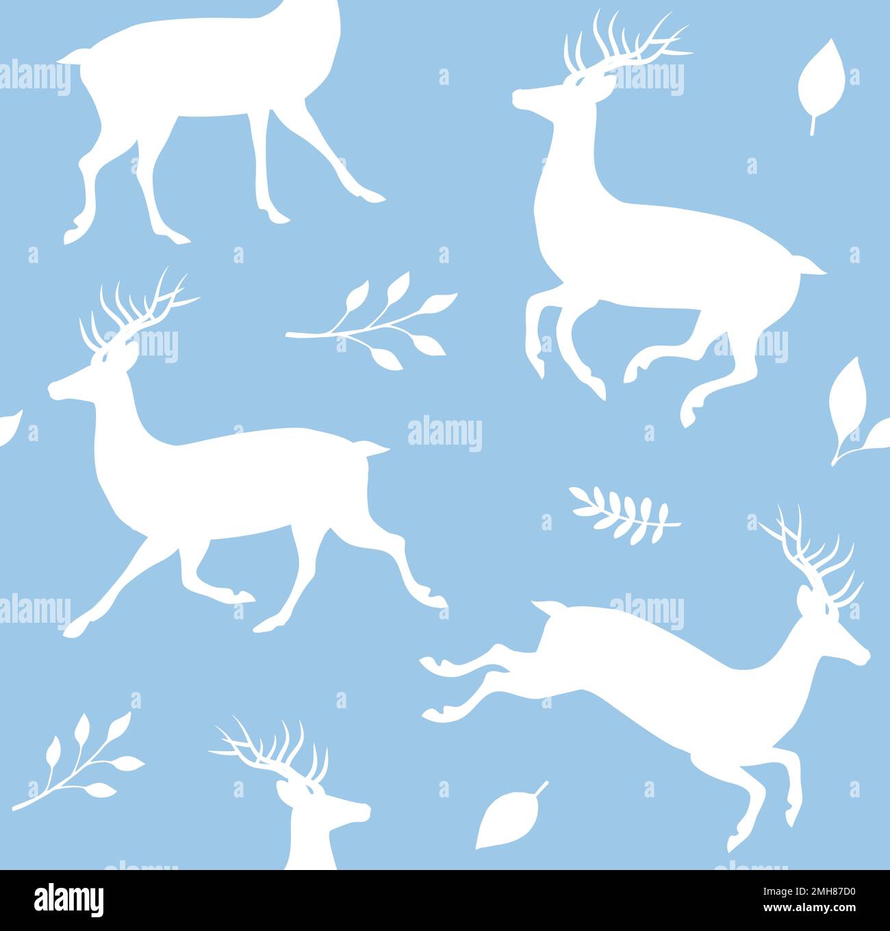 Vector seamless pattern of flat hand drawn deer and leaves silhouette ...