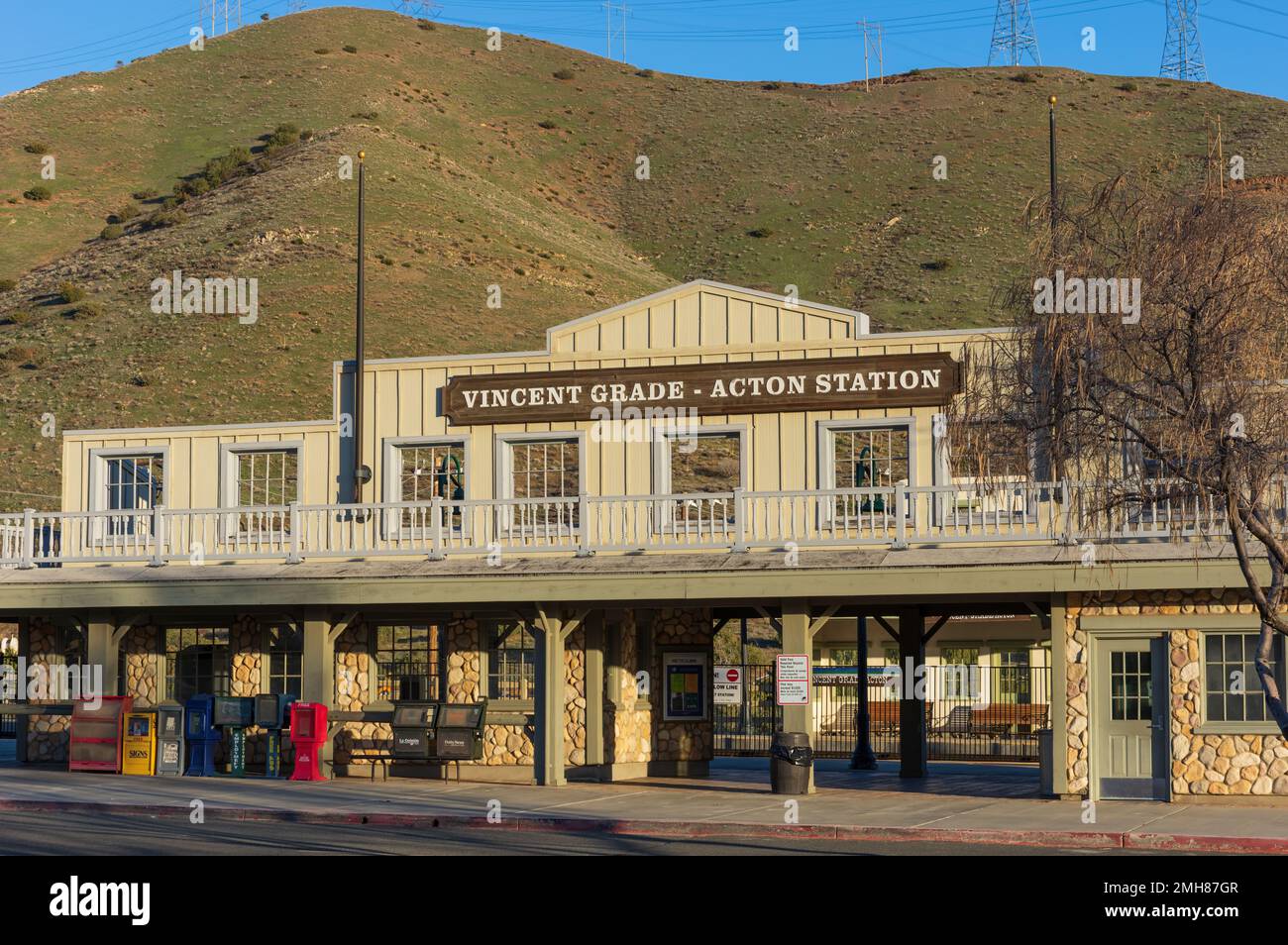 Acton, California, United States - January 17, 2023: Vincent Grade Acton Metrolink Station in Los Angeles County shown on a sunny day. Stock Photo