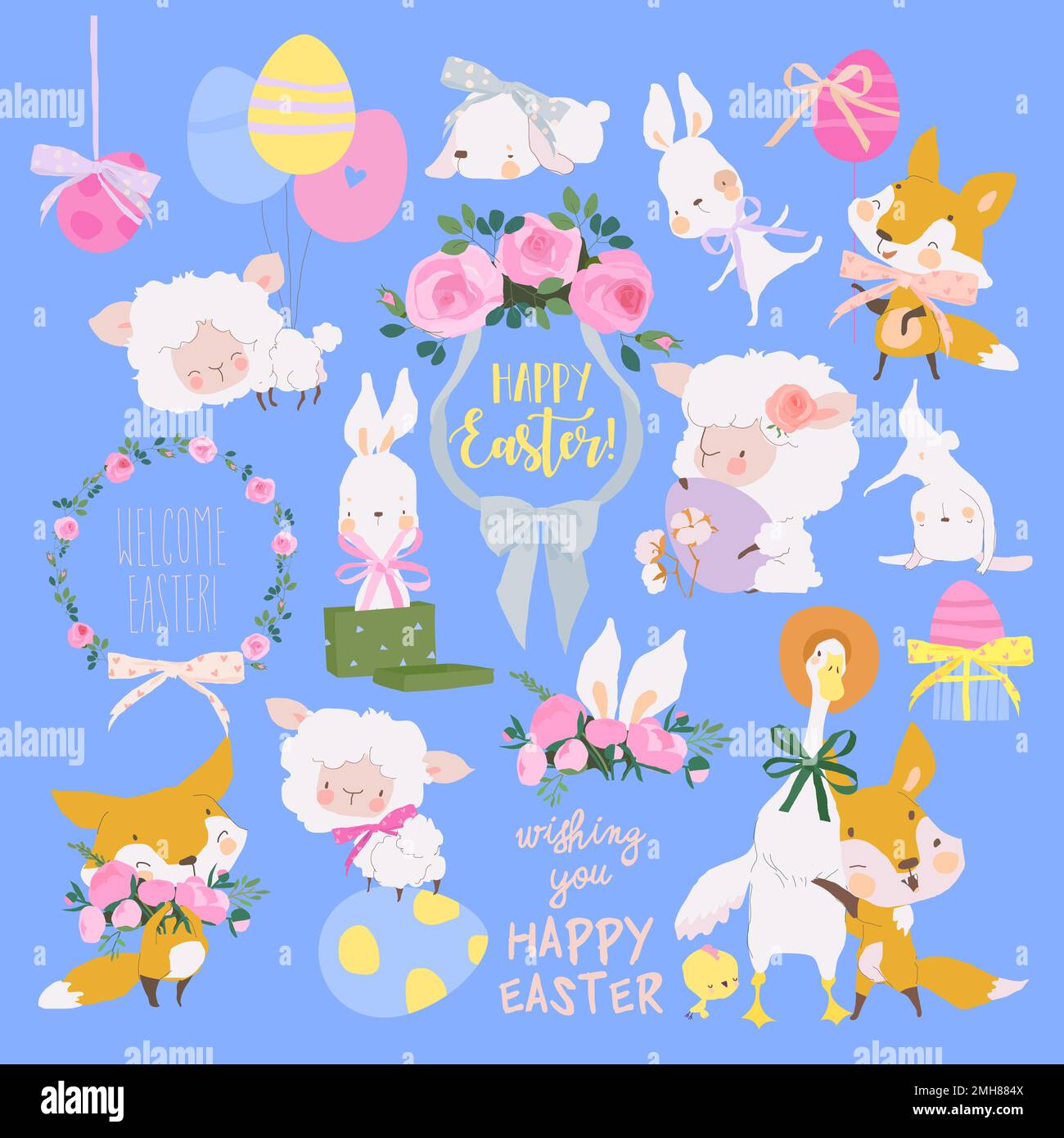 Easter Set with Cute White Bunnies, Gooses, Sheeps, Foxes and Easter Eggs Stock Vector