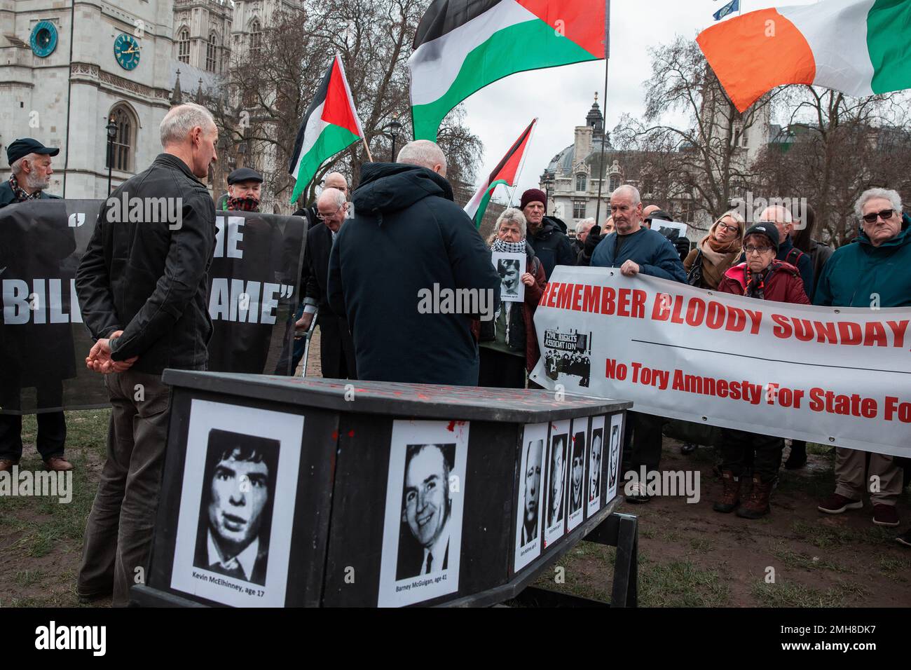 London, UK. 26 January, 2023. People attend a vigil to commemorate the 51st anniversary of the Bloody Sunday massacre held in Parliament Square. On 30 January 1972, 13 people were shot dead and at least 15 others injured when members of the Parachute Regiment opened fire on civilians at a civil rights protest in the Bogside. Speakers at the vigil, who included Jean Hegarty, the sister of Bloody Sunday victim Kevin McElhinney, John Finucane MP and John McDonnell MP, called for the scrapping of the Northern Ireland Troubles Bill. Credit: Mark Kerrison/Alamy Live News Stock Photo