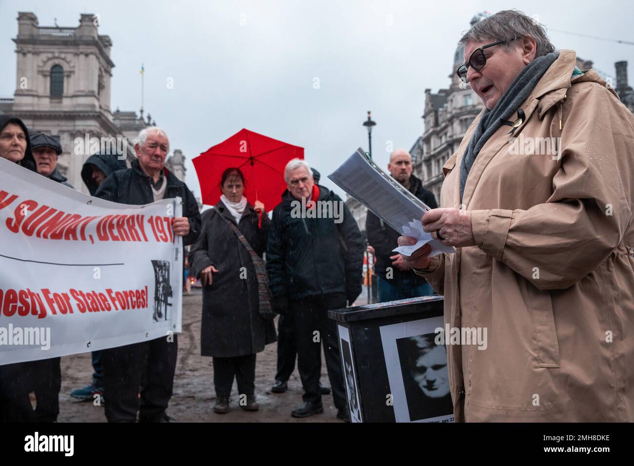 London, UK. 26 January, 2023. Jean Hegarty, the sister of Bloody Sunday victim Kevin McElhinney, addresses a vigil to commemorate the 51st anniversary of the Bloody Sunday massacre held in Parliament Square. On 30 January 1972, 13 people were shot dead and at least 15 others injured when members of the Parachute Regiment opened fire on civilians at a civil rights protest in the Bogside. Speakers at the vigil, who also included John Finucane MP and John McDonnell MP, called for the scrapping of the Northern Ireland Troubles Bill. Credit: Mark Kerrison/Alamy Live News Stock Photo