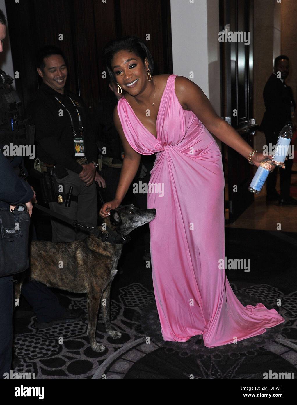 Tiffany Haddish pets a law enforcement dog at the 77th annual Golden