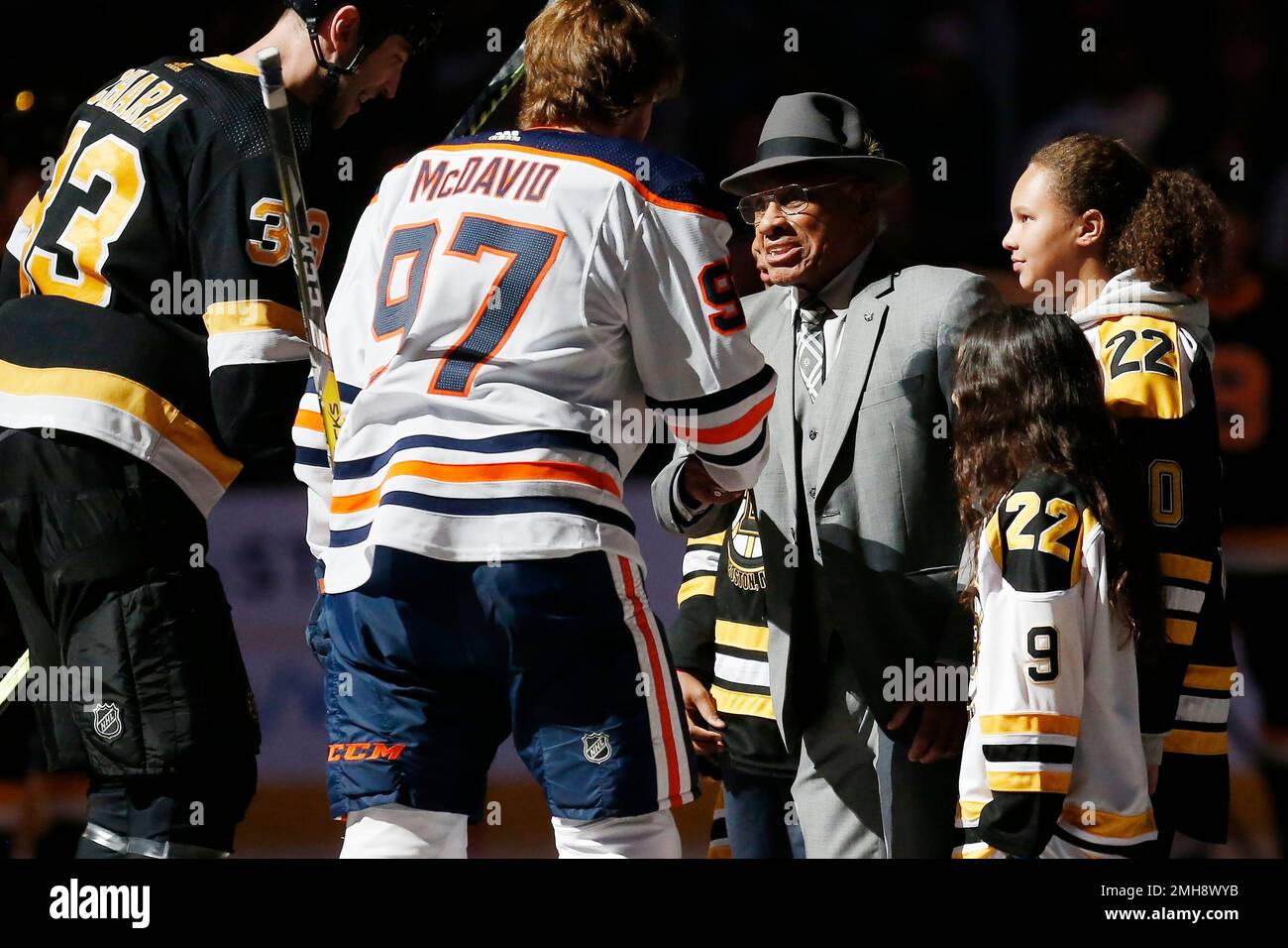 Willie O'Ree, the first black hockey player in the NHL, is honored before  the start of the second period during the NHL All-Star Game at Philips  Arena in Atlanta on January 27
