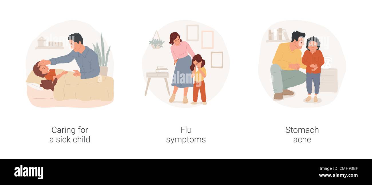 Childhood sickness isolated cartoon vector illustration set. Mother