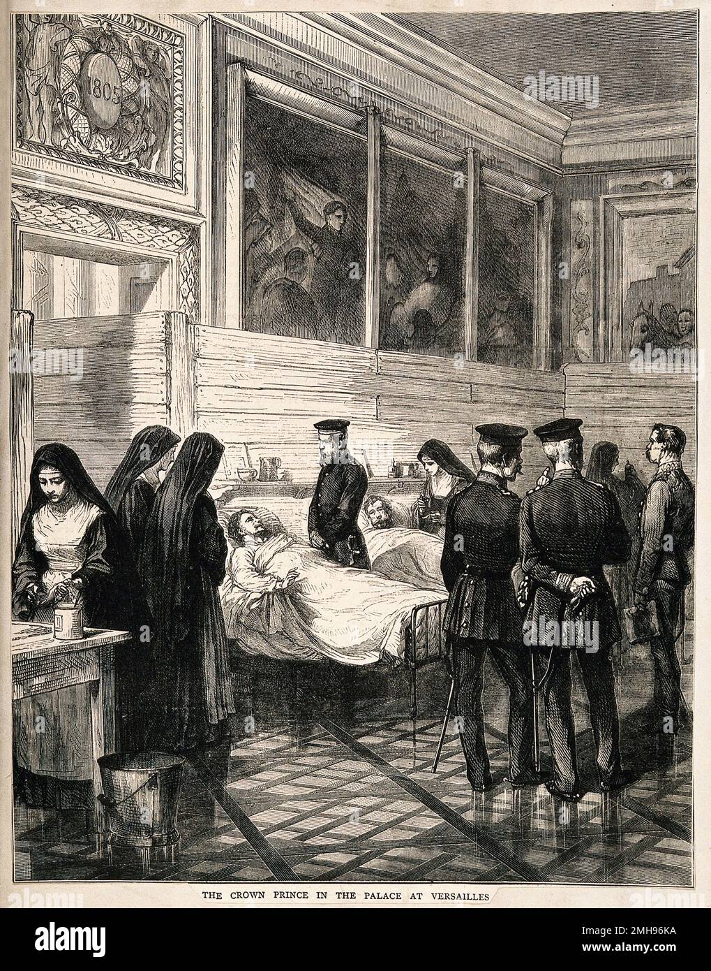 Crown Prince Frederick touring wounded soldiers at Versailles during the Franco-Prussian War. Stock Photo