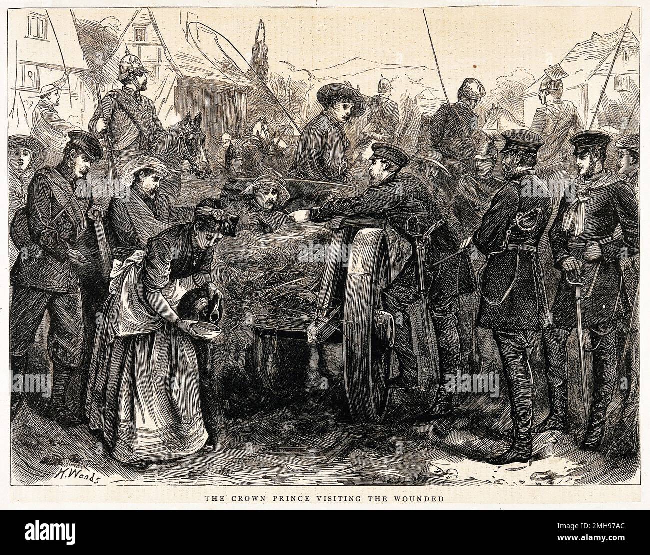 the Crown Prince visiting the wounded near the battlefront during the Franco-Prussian War. Wood engraving by H. Woods. Stock Photo