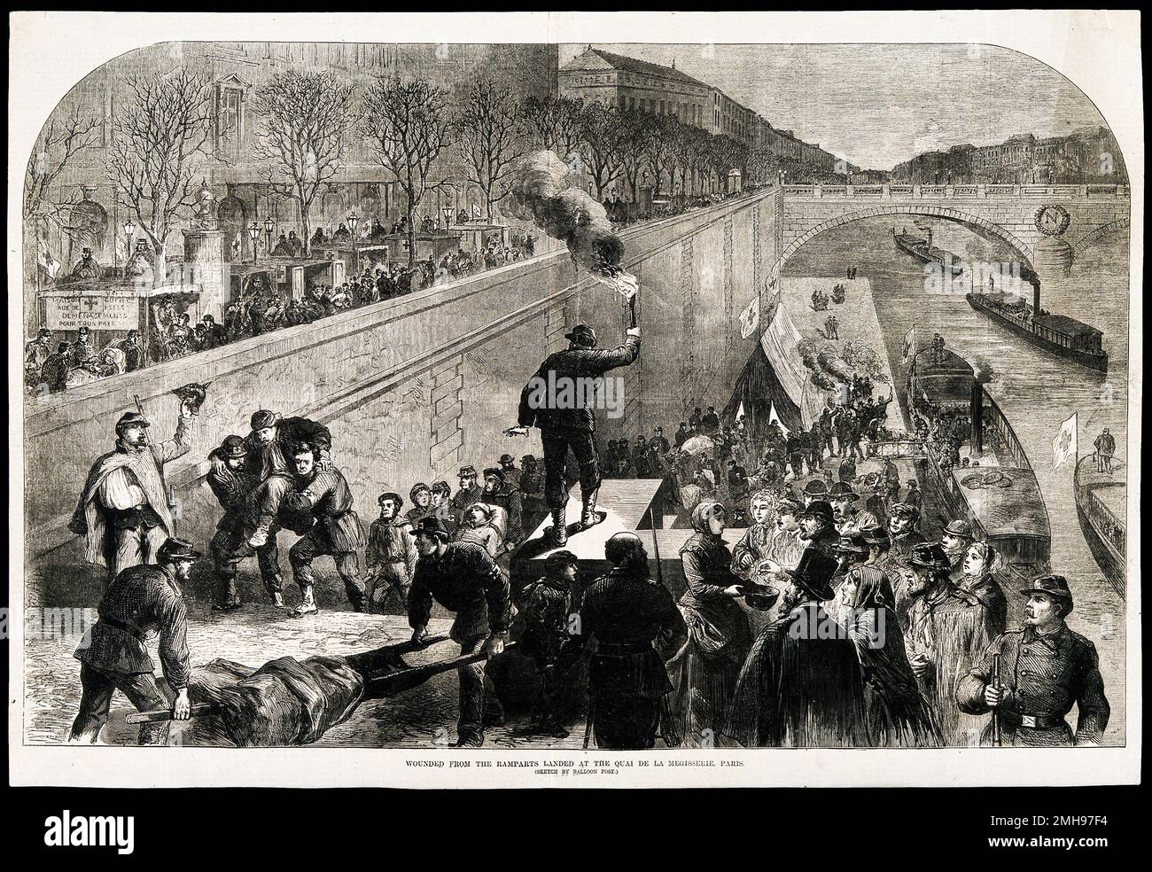 Wood engraving.of the wounded brought to Paris by canal boats during the Franco-Prussian War. Stock Photo