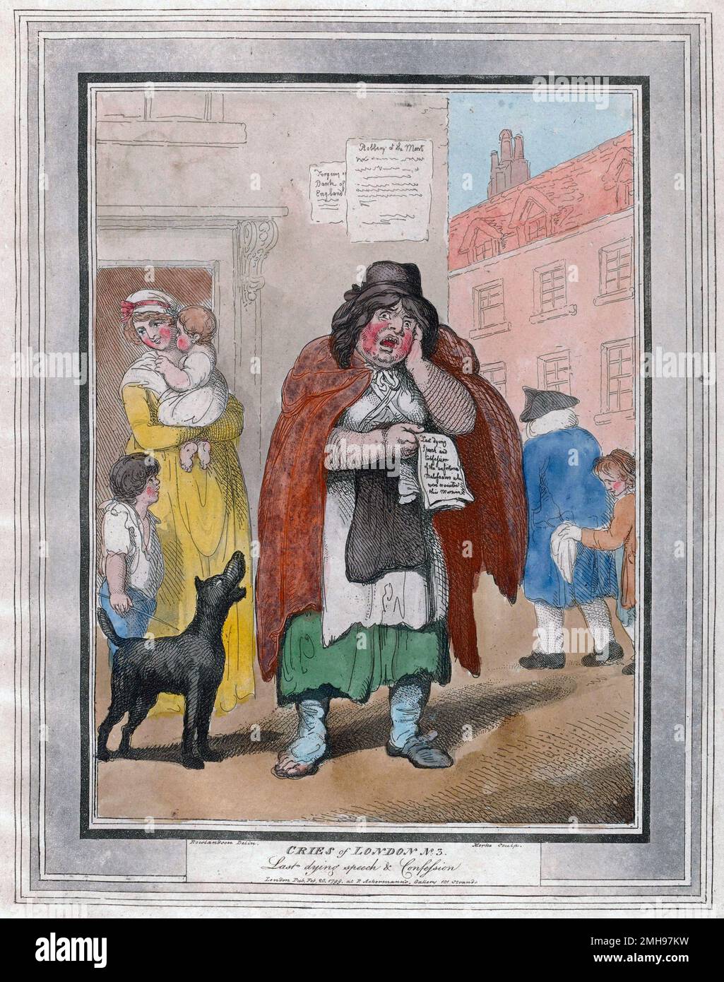 A street ballad singer, of the St. Giles' order, is crying the last speech of 'the unfortunate malefactors who were executed this morning:' a common  announcement when the extreme punishment of hanging was used for small offences, and executions were of more frequent occurrence. Capital punishment did not act as a corrective to theft as illustrated in the background of the print, where a boy is picking the pocket of a passing pedestrian. Etching by Thomas Rowlandson (1756-1827) 1799. Stock Photo