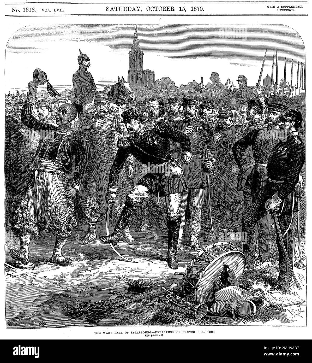 The fall of Strasbourg and the departure of French prisoners during the  Franco-Prussian War or Franco-German War, often referred to in France as the War of 1870, a conflict between the Second French Empire and the North German Confederation led by the Kingdom of Prussia, lasting from 19 July 1870 to 28 January 1871. Stock Photo